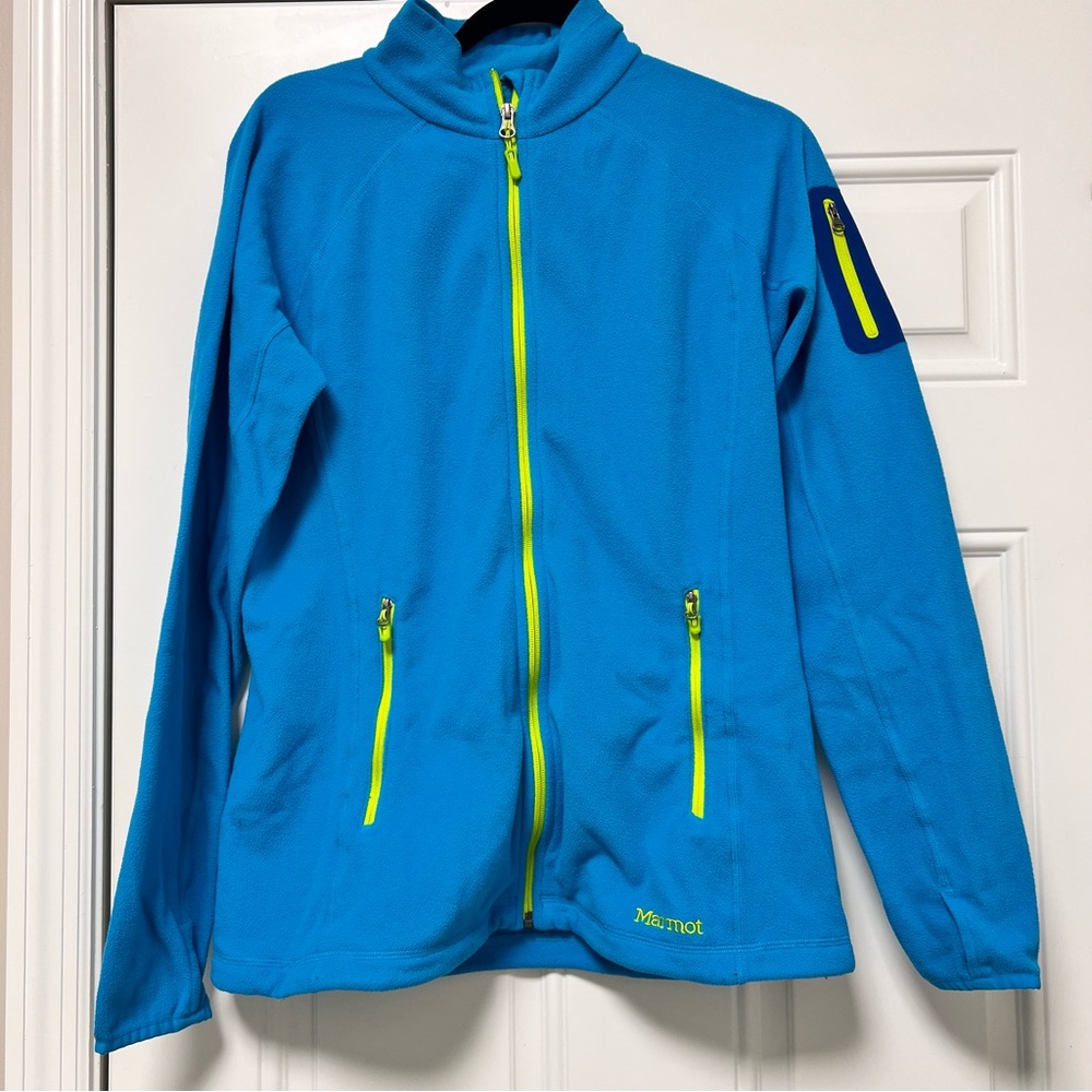 Marmot Vibrant Blue Jacket with Neon Yellow Zippers